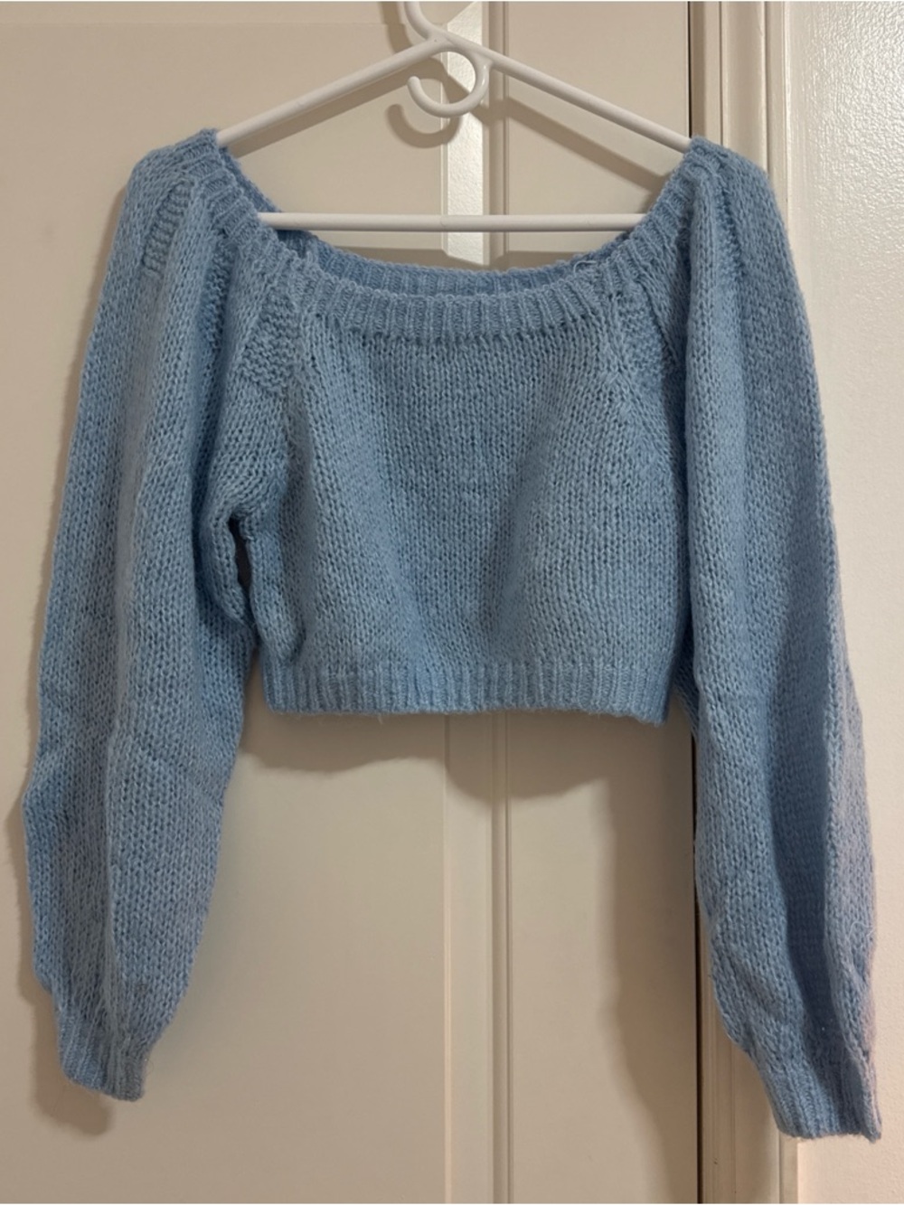 Altar'd State Light Blue Off-the-Shoulder Cropped Sweater
